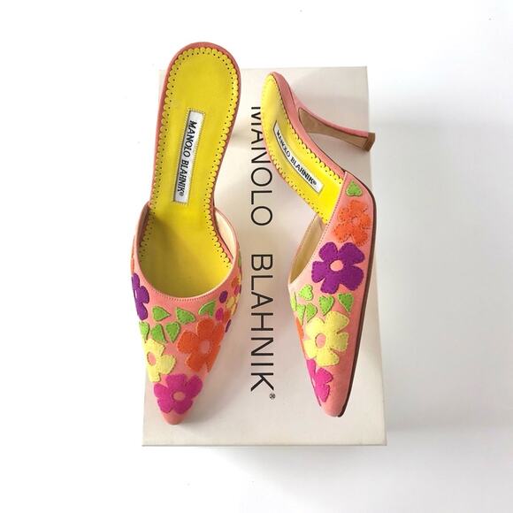 NIB Vintage Manolo Blahnik Floral Pastel Pointed Toe Heeled Mule Pumps 35.5 - Picture 1 of 7
